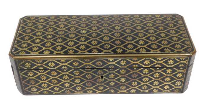 A 19thC French Napoleon III Paris travel box, of rectangular form with canted corners, decorated...