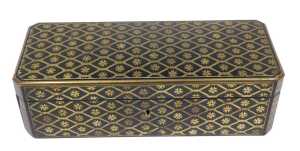 A 19thC French Napoleon III Paris travel box, of rectangular form with canted corners, decorated...