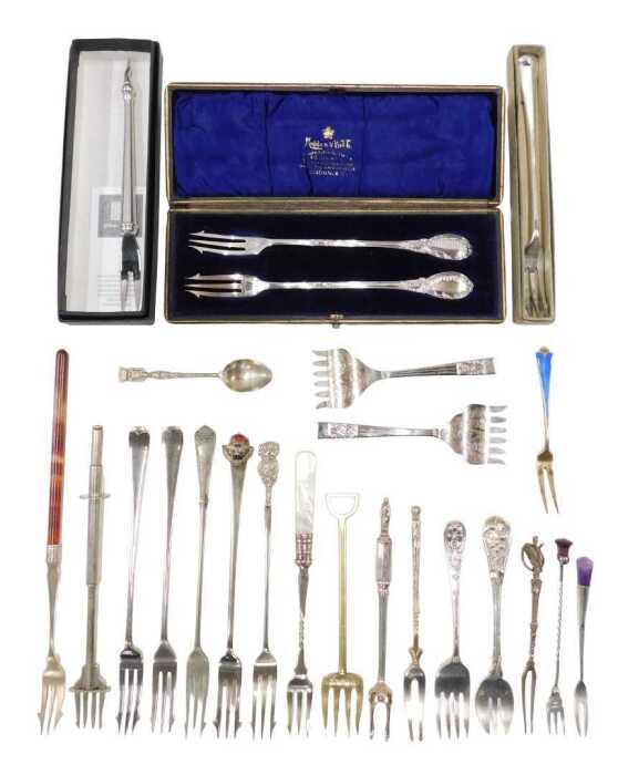 Various pickle and serving forks, to include one marked Sheffield plate, with bright cut six...