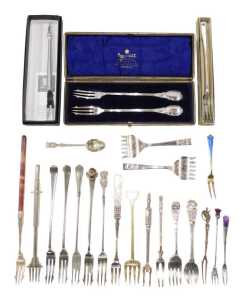 Various pickle and serving forks, to include one marked Sheffield plate, with bright cut six...