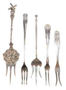Various early 20thC pickle and serving forks, to include a Dutch example, with articulated...