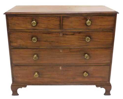 An early 19thC mahogany chest, of two short and three long drawers, each with later brass knob...
