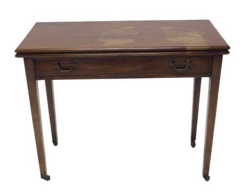 A 19thC mahogany fold over table, on square tapering legs, with frieze drawer, when closed 78cm...