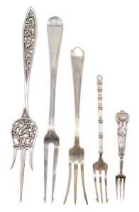 Various early 20thC pickle forks, one with a pierced entwined and floral leaf handle and three...
