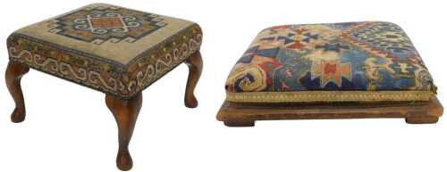 A late 20thC stool, overstuffed in floral pattern, on cabriole legs terminating in pad feet,...