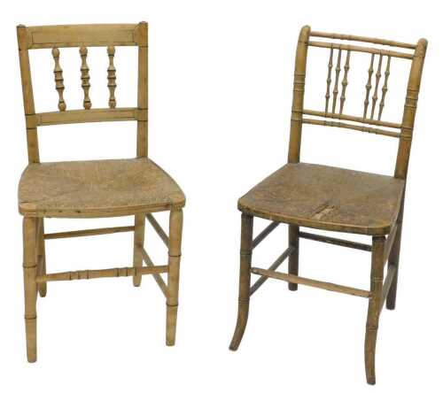A late 19thC bamboo style salon or kitchen chair, with turned back, rope seat, and turned sabre...