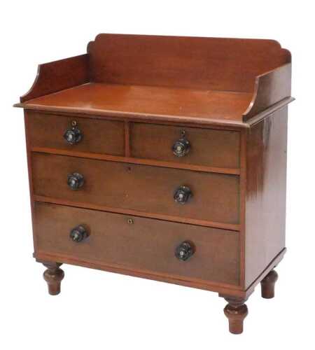 A Victorian stained pine and mahogany traytop chest, of two short and two long drawers, with knob handles, on turned front legs, 98cm high, 93cm wide, 52cm deep.