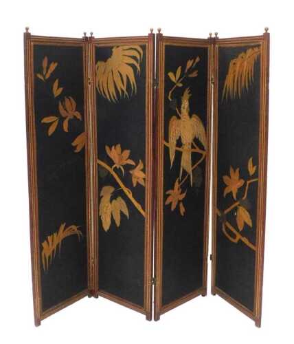 An early 20thC four fold screen, with orb finials and plain floral material sections, 154cm high.