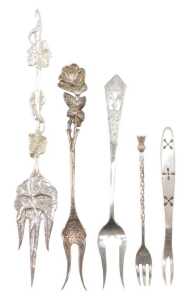 Various early 20thC pickle forks, an example with floral and entwined stem, with three pronged...