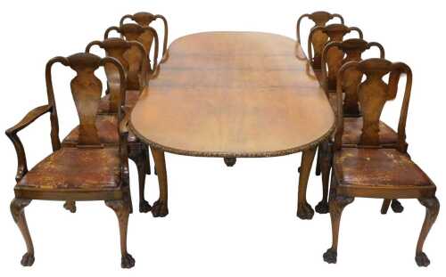 A mid 20thC Maple style walnut dining suite, comprising D end table, with two leaves and heat...