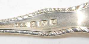 Ten various silver pickle and serving forks, to include a three pronged example with raised... - 2