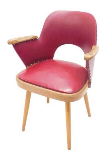A mid-20thC Oswald Haerdtl for Thonet style armchair, with overstuffed back in vinyl leather...