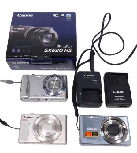 Various cameras, a Canon Powershot SX620HS, partially boxed, with some accessories, a Lumix 16X...