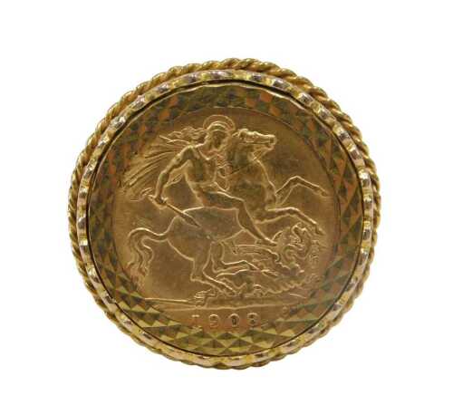 An Edward VII half gold sovereign ring, dated 1908 in yellow metal frame stamped 375, with...