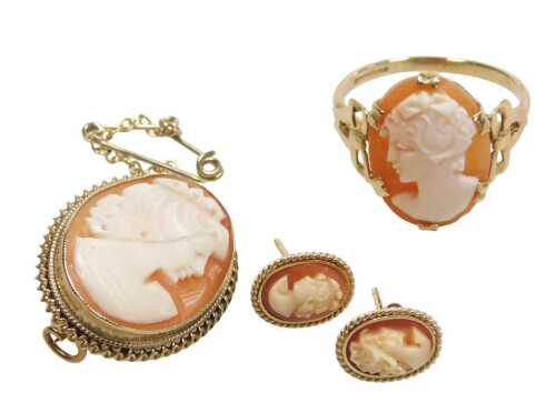A group of 9ct gold cameo jewellery, comprising a brooch, stud earrings and a dress ring, the...