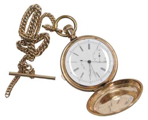 A 19thC Marlborough full hunter chronograph watch, with a white enamel Roman numeric dial, in a...