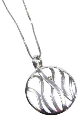 A hot diamond pendant and chain, the modern silvered finish circular disc pendant with single...