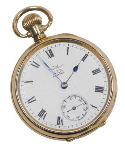 A Waltham USA gold plated pocket watch, with a white enamel Roman numeric dial, gold hands and...