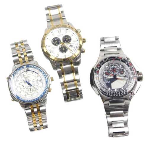 Three gent's chronograph wristwatches, comprising a Seiko Sports 150, a Citizen Eco Drive WR200,...