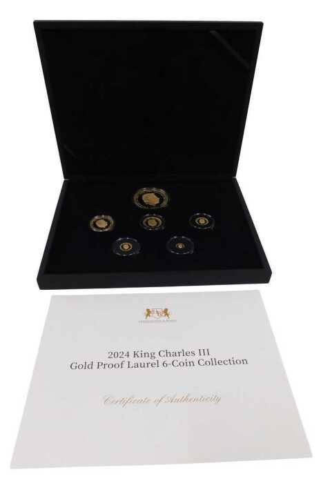 A Harrington & Byrne 2024 King Charles III gold proof laurel six coin collection, boxed set,...