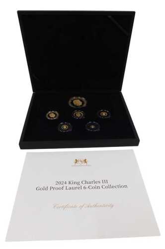 A Harrington & Byrne 2024 King Charles III gold proof laurel six coin collection, boxed set,...