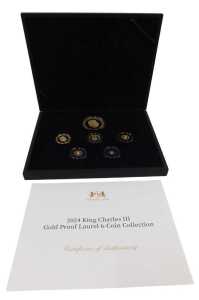 A Harrington & Byrne 2024 King Charles III gold proof laurel six coin collection, boxed set,...