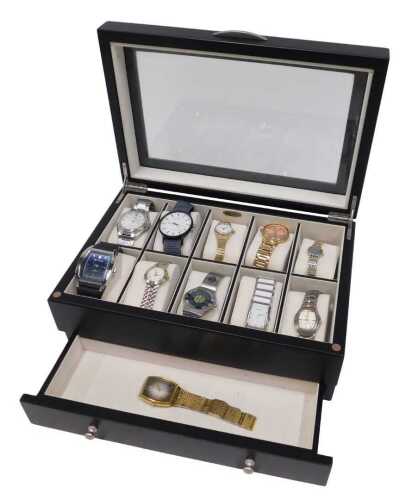A Mele and Co wristwatch case, for ten watches, with single drawer and contents of watches, to...