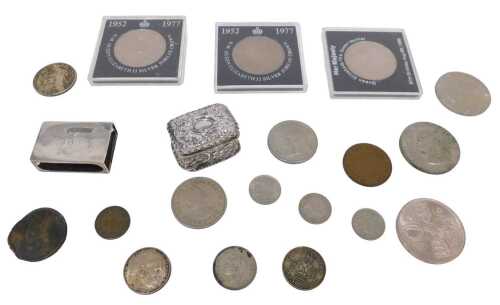 Various coins and related items, commemorative and other crowns, Edward VII silver patchbox,...