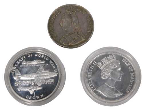 Commemorative coins, aircraft of WWII crown, and another, and a Victorian double florin 1889. (3)