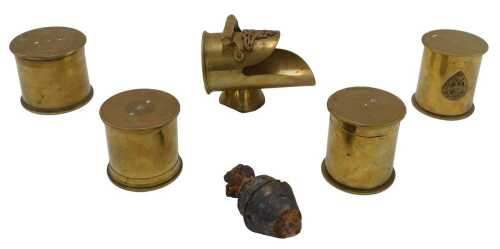 Trench art. Four lidded tobacco jars, made from World War I shells, including a 1916 dated 18pdr...
