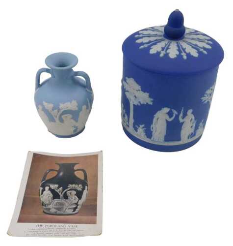 An early 20thC Wedgwood light blue Jasperware copy of the Portland vase, of small proportion,...