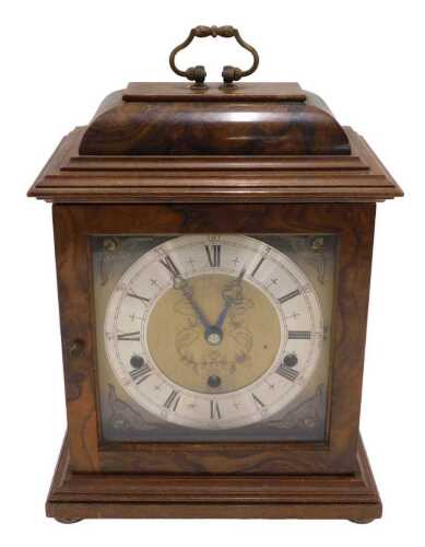 A 20thC walnut cased caddy top mantel clock, the silvered 15cm Roman numeric and Arabic dial...