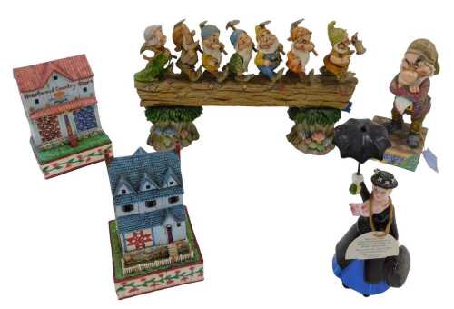 Various Heartwood Creak Jim Shaw and other figure groups, buildings, Snow White and the Seven...