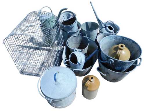 Various galvanised steel buckets, containers, watering can, mop bucket, 25cm high, bird cage,...