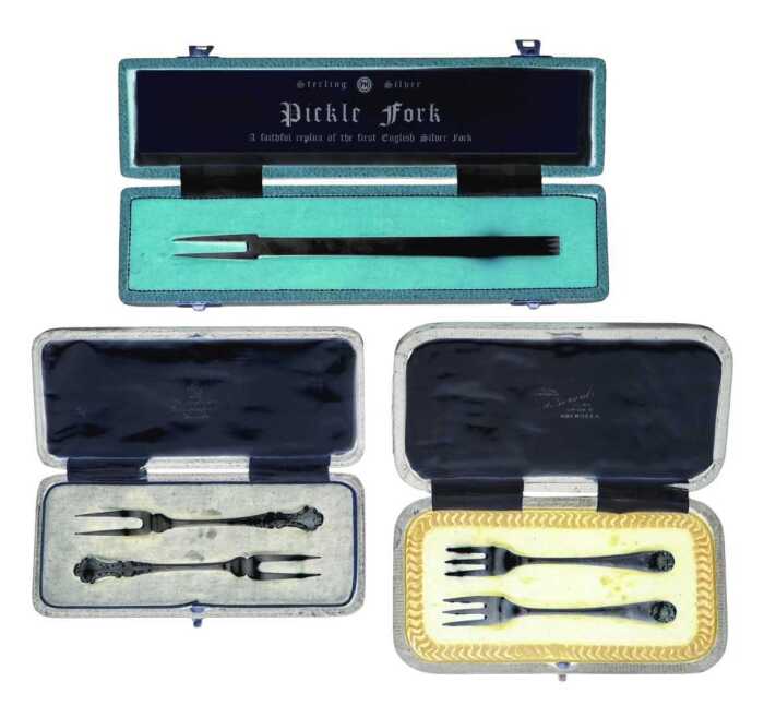Three various cased sets of pickle forks, to include a pair in Union Street Aberdeen black...