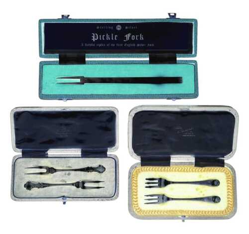 Three various cased sets of pickle forks, to include a pair in Union Street Aberdeen black...