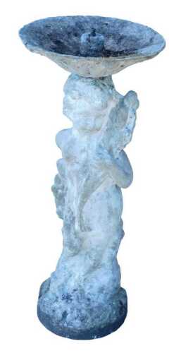 A 20thC stone classical water feature, the circular dish top raised upon a cherub stem and...