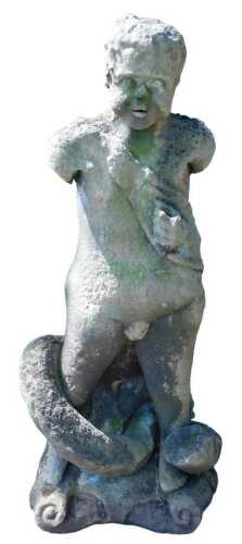 A late 19th or early 20thC stone garden ornament, formed as a child with entwined serpent base,...