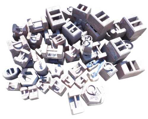 A large quantity of iron weights, to include 14lbs, 56lbs, of rectangular form with fixed handle,...
