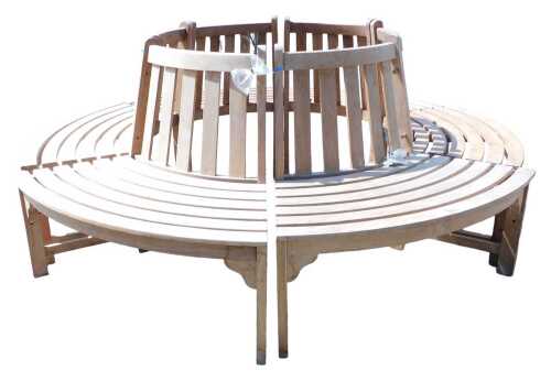 A teak circular tree surround or conversation garden seat, in sections with slatted seats on...