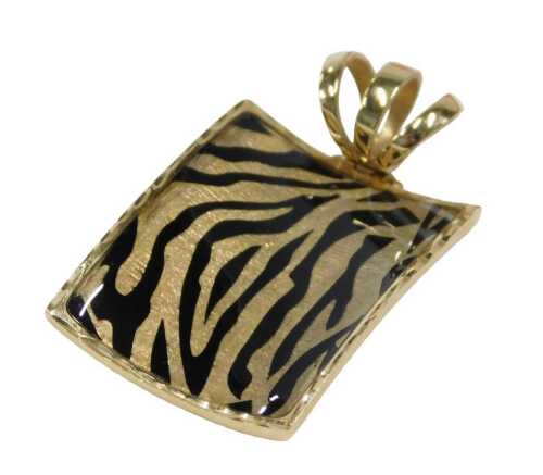 A drop pendant, of shaped rectangular form, tiger stripe, with elaborate three part clasp,...