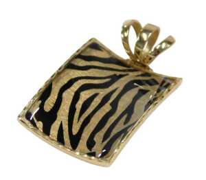 A drop pendant, of shaped rectangular form, tiger stripe, with elaborate three part clasp,...