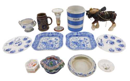Various pottery and effects, Copeland china vase, heavy horse, Worcester and other china, Delft,...