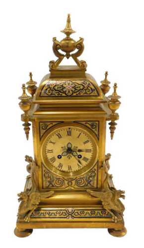A 20thC Champleve enamel style mantel clock, the 9cm diameter Roman numeric dial in elaborate...