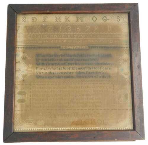 A pictorial motto alphabetic and numeric sampler, probably George III, by Barriot Wurrels,...