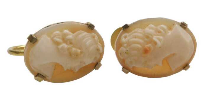 A pair of shell cameo earrings, each depicting maiden, in a claw frame, on screw backs, yellow...