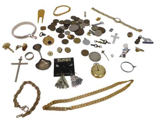 Various costume jewellery, coins and effects, a gold plated costume entwined bracelet, 17cm long,...
