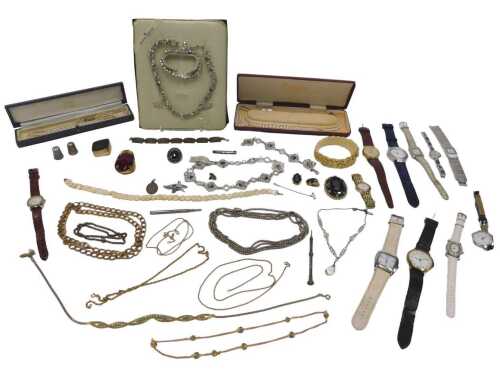 Various costume jewellery and effects, to include a cameo brooch, thimbles, fashion watches,...