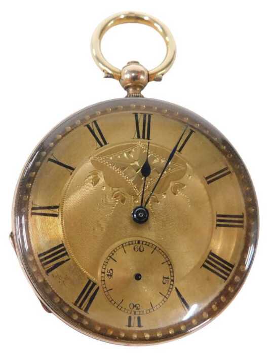 An early 20thC open faced pocket watch, with ring top, 4cm diameter fancy Roman numeric dial,...