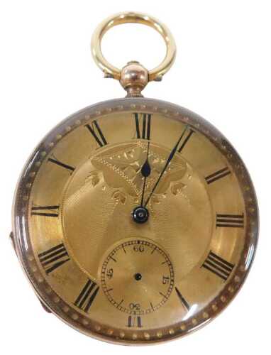 An early 20thC open faced pocket watch, with ring top, 4cm diameter fancy Roman numeric dial,...